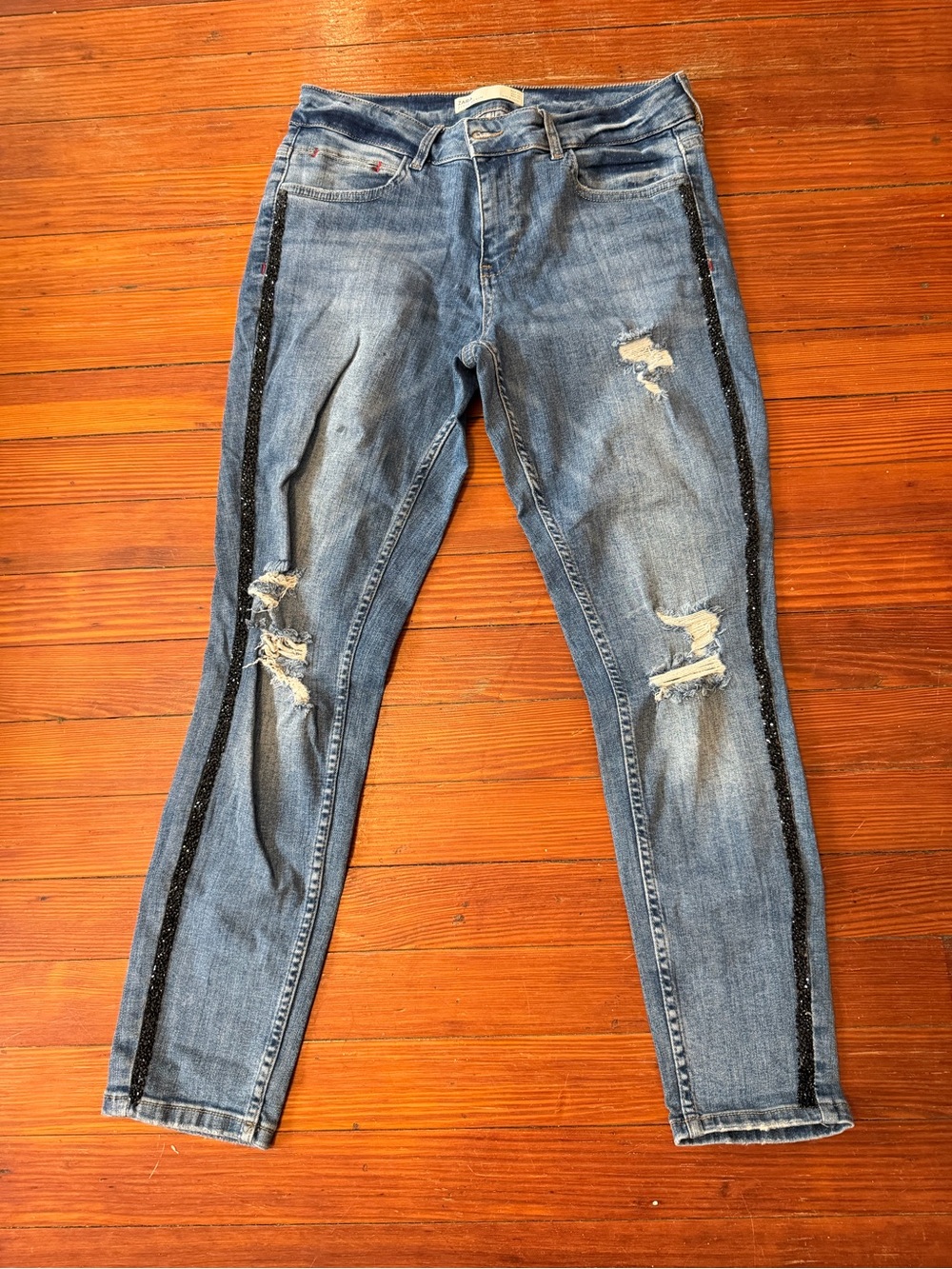 Zara Blue Distressed Skinny Jeans with Black  Crystallized Side Stripe sz 8 US